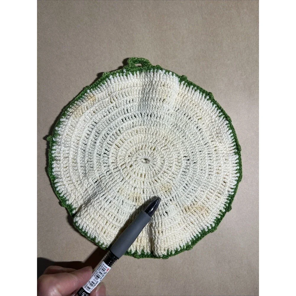 Vintage Lot Of 4 Handmade Crochet Hot Pad Potholders Green‎ & White Yellow Dress